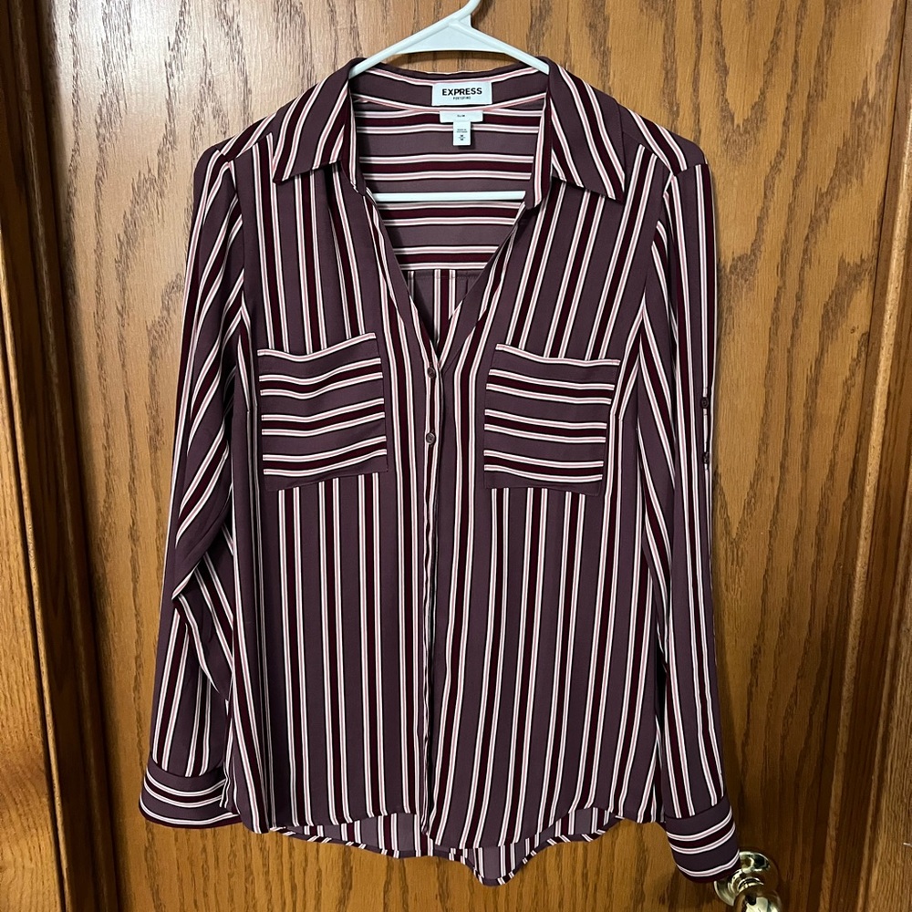 Express Women's Burgundy and White Striped Button Down Shirt